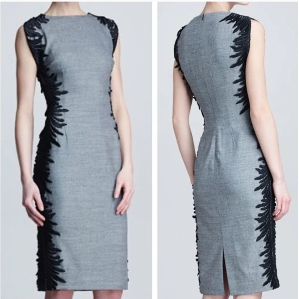 Lela‎ Rose Wool Flutter-Lace Raven Feather Sheath Dress Size 8 Embroidery Silk